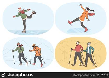 Active lifestyle and sport concept. Set of people skating on rink during winter falling down on ice hiking with sticks in mountains and in park during summer vector illustration. Active lifestyle and sport concept