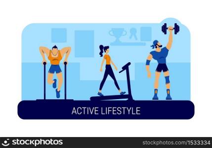 Active lifestyle banner flat vector template. Brochure, poster concept design with cartoon characters. Sportsman training, woman workout. Athletes in gym horizontal flyer, leaflet with place for text. Active lifestyle banner flat vector template