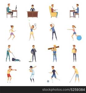 Active Lifestyle Character Icons. Physical activity and lifestyle isolated icons set with cartoon characters doing sedentary physical and sport activities vector illustration