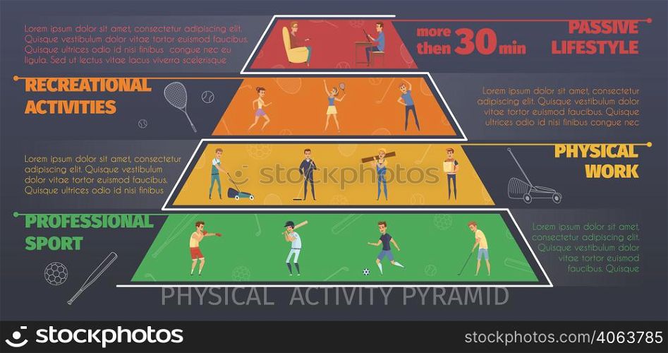 Active lifestyle colorful infographics with pyramid style conceptual layers of physical work and recreational sport activities vector illustration. Physical Activity Infographic Poster