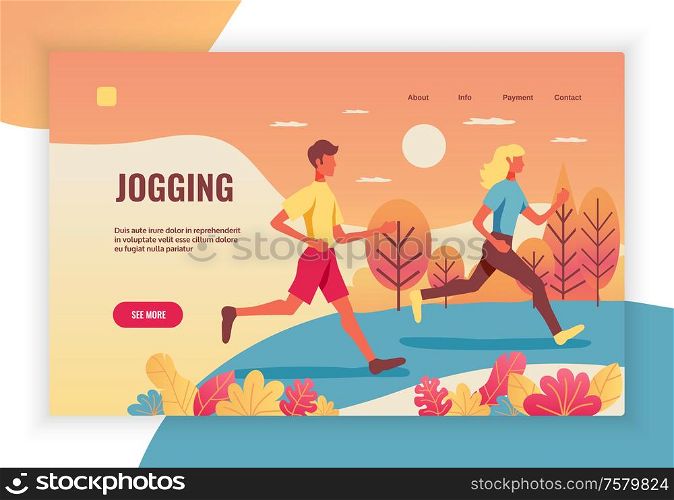 Active lifestyle fitness sport health benefits concept flat web banner with couple jogging in park vector illustration