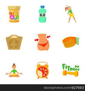 Active lifestyle icons set. Cartoon set of 9 active lifestyle vector icons for web isolated on white background. Active lifestyle icons set, cartoon style