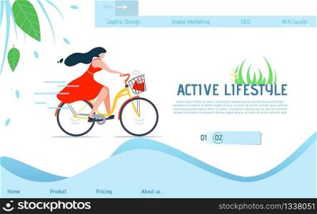 Active Lifestyle. Landing Page Advertising Cycling. Eco Transport and Transportation. Healthy Lifestyle. Vector Woman Character Rides Bicycle Illustration. Flat Banner Template with Responsible Design. Landing Page Advertising Cycling and Eco Transport