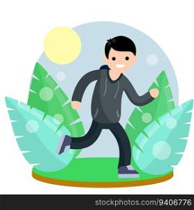 Active lifestyle. Movement and walking. Cartoon flat illustration. Park and nature. Leaves of plants. Summer season.. Young man in Hoodies. Running and sports.
