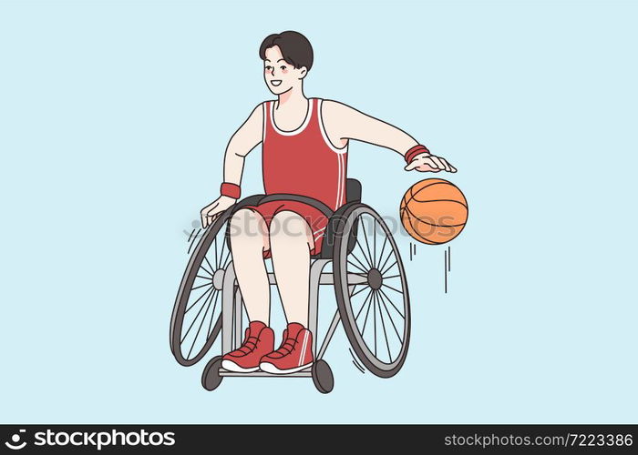 Active lifestyle of disabled person concept. Young smiling boy on wheelchair sitting playing basketball enjoying sporty lifestyle vector illustration . Active lifestyle of disabled person concept.