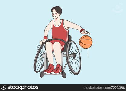 Active lifestyle of disabled person concept. Young smiling boy on wheelchair sitting playing basketball enjoying sporty lifestyle vector illustration . Active lifestyle of disabled person concept.