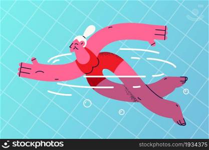 Active lifestyle of elderly people concept. Senior woman pensioner cartoon character wearing red swimsuit swimming enjoying active sport vector illustration . Active lifestyle of elderly people concept