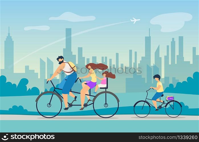Active Lifestyle Positive Effect Health. Young Family Riding Bicycles. Parents Took Children Weekend Country. Fresh Air on Lungs. Background Big Bustling City Ride Park Vector Flat Illustration.