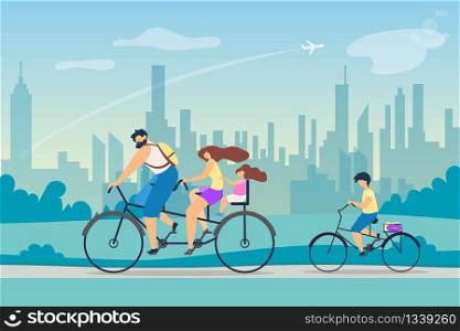 Active Lifestyle Positive Effect Health. Young Family Riding Bicycles. Parents Took Children Weekend Country. Fresh Air on Lungs. Background Big Bustling City Ride Park Vector Flat Illustration.