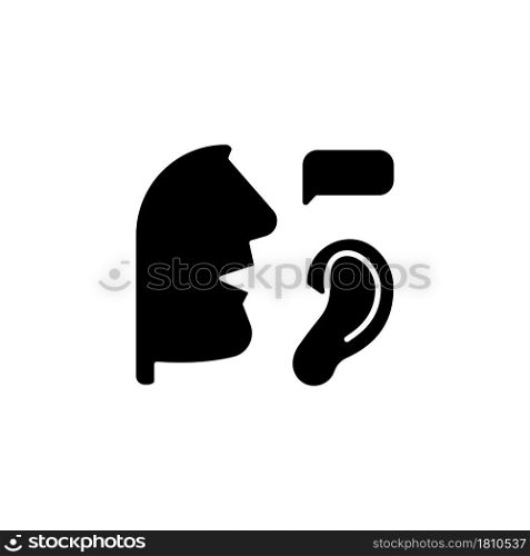 Active listening black glyph icon. Attentive listener. Building trustful relationships. Showing understanding. Effective communication. Silhouette symbol on white space. Vector isolated illustration. Active listening black glyph icon