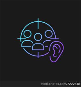 Active listening gradient vector icon for dark theme. Developing empathy. Show understanding in digital age. Thin line color symbol. Modern style pictogram. Vector isolated outline drawing. Active listening gradient vector icon for dark theme
