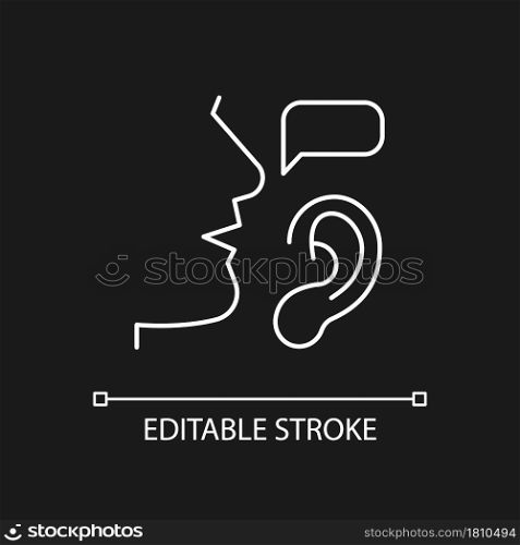 Active listening white linear icon for dark theme. Building trustful relationships. Full attention. Thin line customizable illustration. Isolated vector contour symbol for night mode. Editable stroke. Active listening white linear icon for dark theme