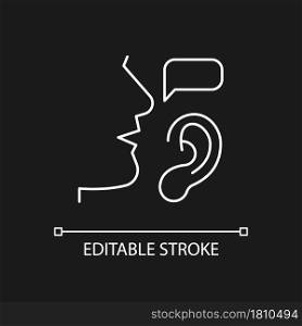 Active listening white linear icon for dark theme. Building trustful relationships. Full attention. Thin line customizable illustration. Isolated vector contour symbol for night mode. Editable stroke. Active listening white linear icon for dark theme
