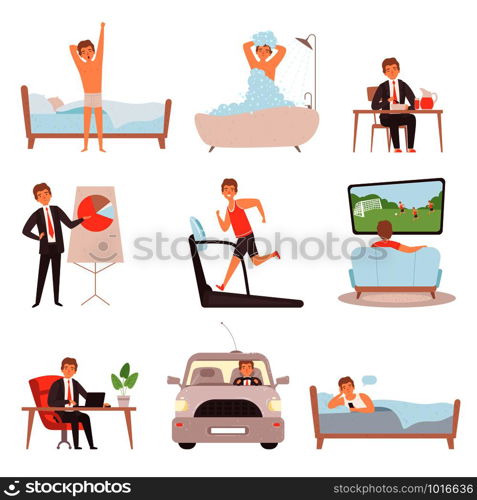 Active man daily routine. Lifestyle everyday businessmen work busy people vector character isolated. Office character in routine, busy daily illustration. Active man daily routine. Lifestyle everyday businessmen work busy people vector character isolated