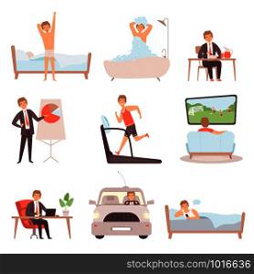 Active man daily routine. Lifestyle everyday businessmen work busy people vector character isolated. Office character in routine, busy daily illustration. Active man daily routine. Lifestyle everyday businessmen work busy people vector character isolated