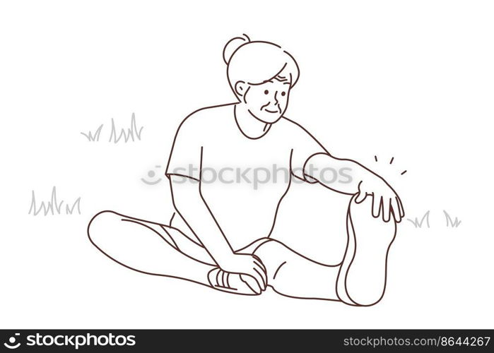 Active mature grandmother sit on grass outdoors do gymnastics. Happy elderly woman do sport in park. Healthy maturity and physical activity. Vector illustration. . Active elderly woman training in park 