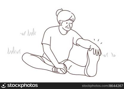 Active mature grandmother sit on grass outdoors do gymnastics. Happy elderly woman do sport in park. Healthy maturity and physical activity. Vector illustration. . Active elderly woman training in park 