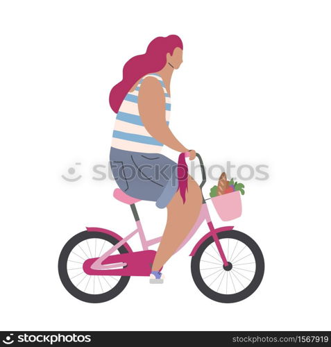 Active modern hipster girl on a pink bike with shopping. Modern flat illustration side view. Summer sports lifestyle. Stylized woman cyclist.. Active modern hipster girl on a pink bike with shopping. Modern flat illustration side view. Summer sports lifestyle.