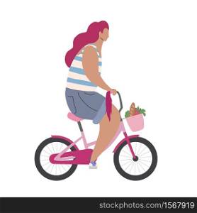 Active modern hipster girl on a pink bike with shopping. Modern flat illustration side view. Summer sports lifestyle. Stylized woman cyclist.. Active modern hipster girl on a pink bike with shopping. Modern flat illustration side view. Summer sports lifestyle.