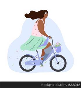 Active modern romantic african girl wit leg prosthesis on blue bike with flowers in basket. Modern flat illustration side view. Summer sports lifestyle for all. Stylized woman cyclist.. Active modern romantic african girl wit leg prosthesis on blue bike with flowers in basket. Modern flat illustration side view. Summer sports lifestyle for all