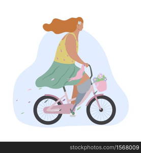 Active modern romantic girl with leg prosthesis on pink bike with flowers in basket. Modern flat illustration side view. Summer sports lifestyle for all. Stylized woman cyclist.. Active modern romantic girl with leg prosthesis on pink bike with flowers in basket. Modern flat illustration side view. Summer sports lifestyle for all.
