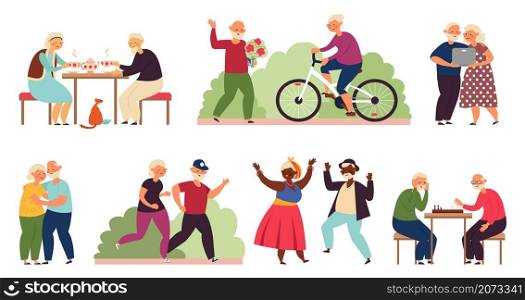 Active old people. Senior group activity, diverse elderly couple party. Fun retirement, cartoon dancing grandparents decent vector characters. Illustration grandparent together spent time. Active old people. Senior group activity, diverse elderly couple party. Fun retirement, cartoon dancing grandparents decent vector characters