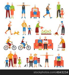 Active Old People Set. Set of isolated senior people and their family faceless characters doing leisure sport or household activities vector illustration