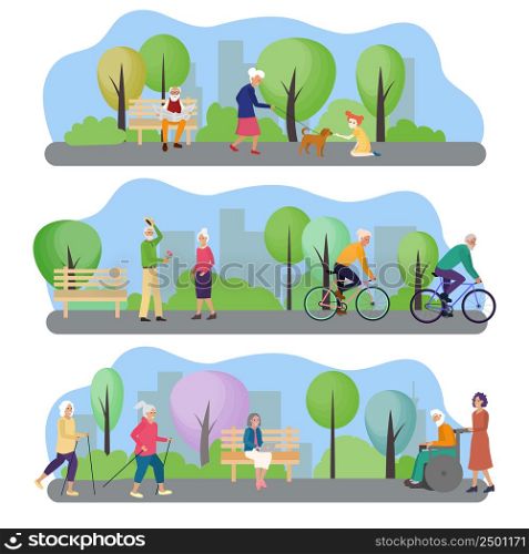 Active pensioners on vacation in a park near a big city. Elderly people walk with dogs and grandchildren, go on dates, ride bicycles, go in for sports walking relax on a bench