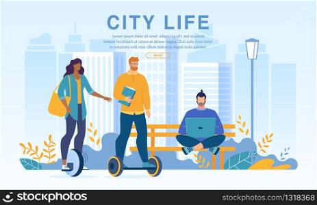Active People City Dwellers in Urban Park on Eco Transport. Sport, Healthy Lifestyle and Rest. Young Woman Driving Monocycle, Hipster Guy Riding Hoverboard, Teenager Boy with Laptop Sitting on Bench. People City Dwellers in Park on Eco Transport