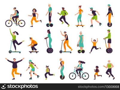 Active people. Healthy lifestyle, outdoor activities, running and jogging. Bike riding, skateboarding, rollerblading vector illustration set. Scooter electric, bicycle skateboard, run and hoverboard. Active people. Healthy lifestyle, outdoor activities, running and jogging. Bike riding, skateboarding, rollerblading vector illustration set