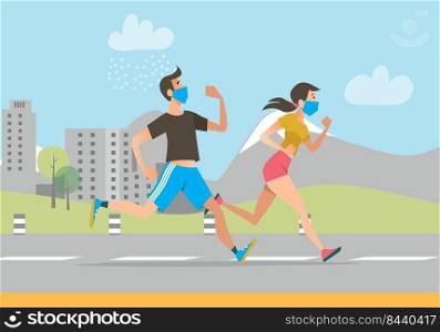 Active people in face masks running outdoors. Man and woman jogging during coronavirus outbreak. Vector illustration for fitness, exercising, epidemic concept