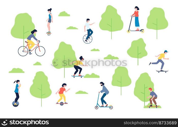 Active people in park. Spring activities, person ride bicycle or skateboard. Outdoor activity on nature, family walk on nature recent vector scene. Illustration of spring park with people. Active people in park. Spring activities, person ride bicycle or skateboard. Outdoor activity on nature, family walk on nature recent vector scene