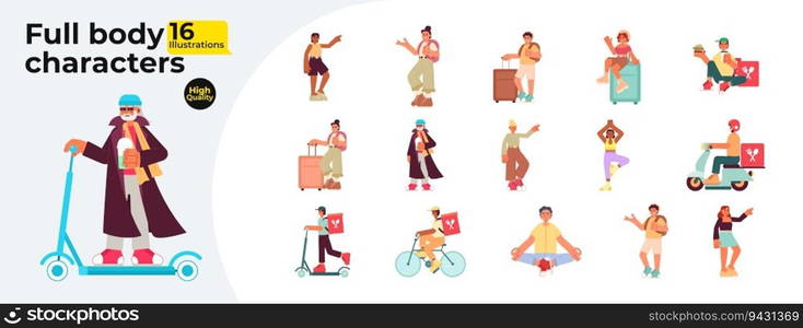 Active people semi flat color vector characters bundle. Leisure yoga. Travel. Editable full body people in different poses on white. Simple cartoon spot illustrations collection for web graphic design. Active people semi flat color vector characters bundle