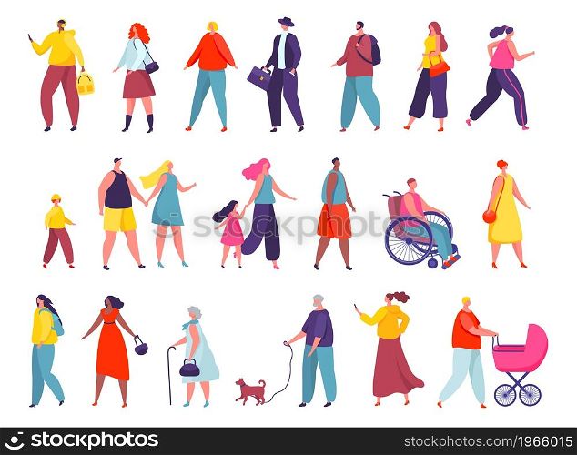 Active people walking on city street or park, stylish characters outdoor. Man walking dog, woman jogging, parents with kids on walk vector set. Father with stroller or pram, guy on wheelchair