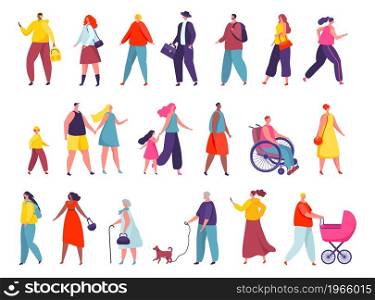 Active people walking on city street or park, stylish characters outdoor. Man walking dog, woman jogging, parents with kids on walk vector set. Father with stroller or pram, guy on wheelchair