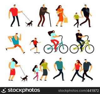 Active people walking, riding bike, running outdoor vector character set. Ride bike and activity lifestyle walking and sport jogging illustration. Active people walking, riding bike, running outdoor vector character set