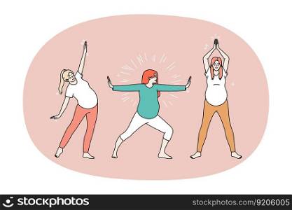 Active pregnant women do morning exercises follow healthy lifestyle. Energetic sportive girl enjoy pregnancy do sports train or workout. Pilates and stretching. Motherhood. Vector illustration.. Active pregnant women do morning exercises