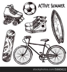 Active recreation and sport equipment sketch set isolated vector illustration. Active Recreation Sketch Set