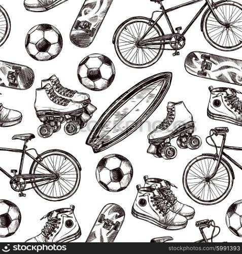 Active recreation seamless pattern with sketch skateboard soccer ball and shoes vector illustration. Active Recreation Seamless Pattern