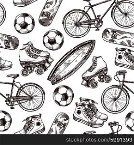 Active recreation seamless pattern with sketch skateboard soccer ball and shoes vector illustration. Active Recreation Seamless Pattern
