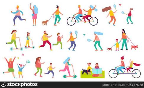 Active Relaxation Vector Illustration on White. Active relaxation of different people, spending time with useful purpose which is staying healthy vector illustration on white background