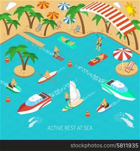 Active rest at sea and beach vacation with umbrellas and chaise lounges isometric concept vector illustration . Active rest at sea concept