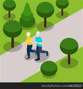 Active Retirement Lifestyle Isometric Banner . Active retirement lifestyle isometric banner with elderly couple jogging in the park abstract vector illustration