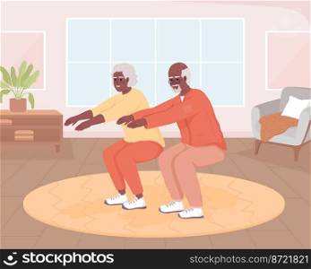 Active seniors doing squats at home flat color vector illustration. Sit up exercises in old age. Sports activity. Fully editable 2D simple cartoon characters with living room on background. Active seniors doing squats at home flat color vector illustration