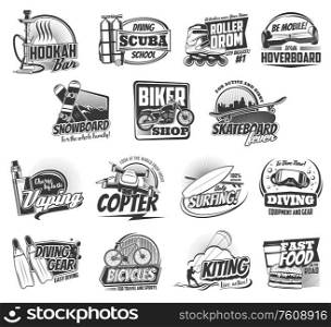 Active sport and leisure entertainment vector icons. Scuba diving club and rollerdrom, snowboard and hooverboard skateboard, hookah bar and fast food burgers, summer sea surfing and kiting. Leisure hobby and entertainment sport icons