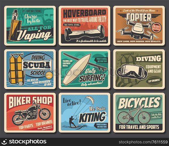 Active sport and summer leisure, entertainment vector retro posters. Scuba diving school, water kiting and ocean surfing club, travel bicycles and biker shop, hoverboard and vaping e-cigarettes. Sport activity, leisure and recreation