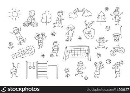 Active sport children. Funny small kids play, run and jump. Set of elements in childish doodle style. Hand drawn vector illustration. Active sport children. Funny small kids play, run and jump.