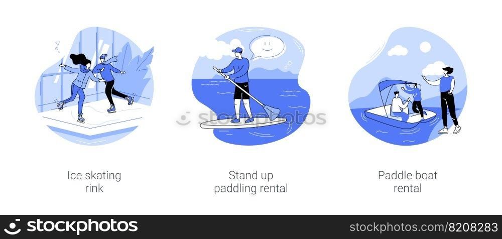 Active sport in city park isolated cartoon vector illustrations set. Ice skating rink, stand up paddling rental, paddle boat rental, urban winter sports, active sport training vector cartoon.. Active sport in city park isolated cartoon vector illustrations se