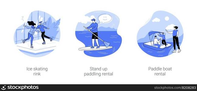 Active sport in city park isolated cartoon vector illustrations set. Ice skating rink, stand up paddling rental, paddle boat rental, urban winter sports, active sport training vector cartoon.. Active sport in city park isolated cartoon vector illustrations se