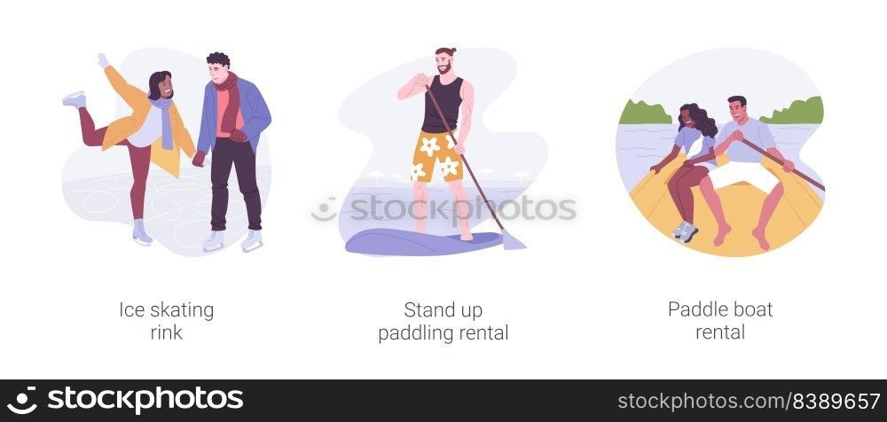 Active sport in city park isolated cartoon vector illustrations set. Ice skating rink, stand up paddling rental, paddle boat rental, urban winter sports, active sport training vector cartoon.. Active sport in city park isolated cartoon vector illustrations set.